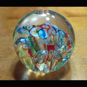 Vintage Hand-Blown Glass Air Bubbles Paperweight Multicolored Millefiori-Style